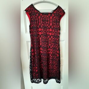Connected Apparel Sheath Cocktail Dress 
Size 10 Red and Black Lace